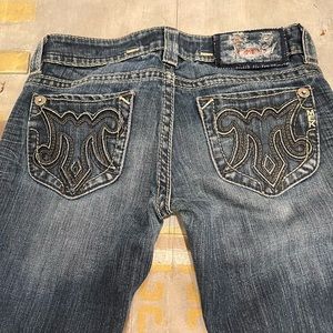MEK Ultra Low Rise Bootcut Distressed Jeans  25” waist 34” length